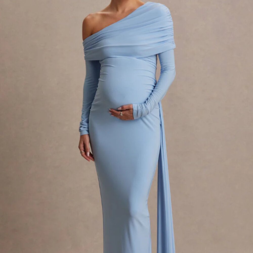 Club L AMARA Powder Blue Asymmetric-Neck Maternity Maxi Dress With Sash Detail